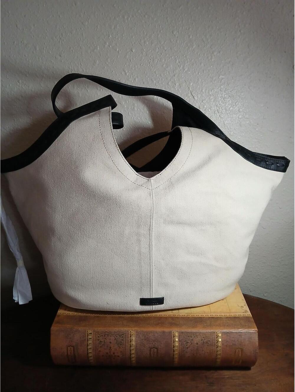 Vince Camuto Natural Canvas and Black Leather Tote Bag